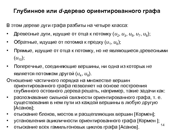 Глубинное или d-дерево ориентированного графа В этом дереве дуги графа разбиты на четыре класса: