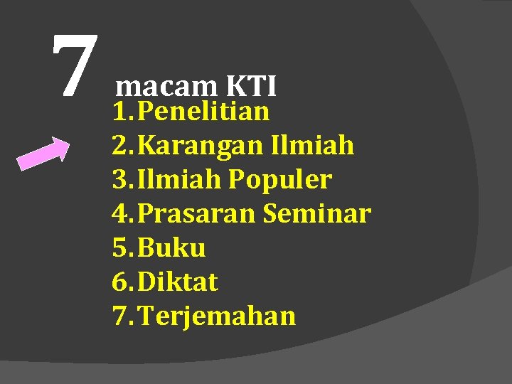 7 macam KTI 1. Penelitian 2. Karangan Ilmiah 3. Ilmiah Populer 4. Prasaran Seminar