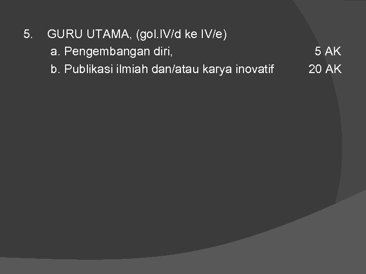 5. GURU UTAMA, (gol. IV/d ke IV/e) a. Pengembangan diri, b. Publikasi ilmiah dan/atau