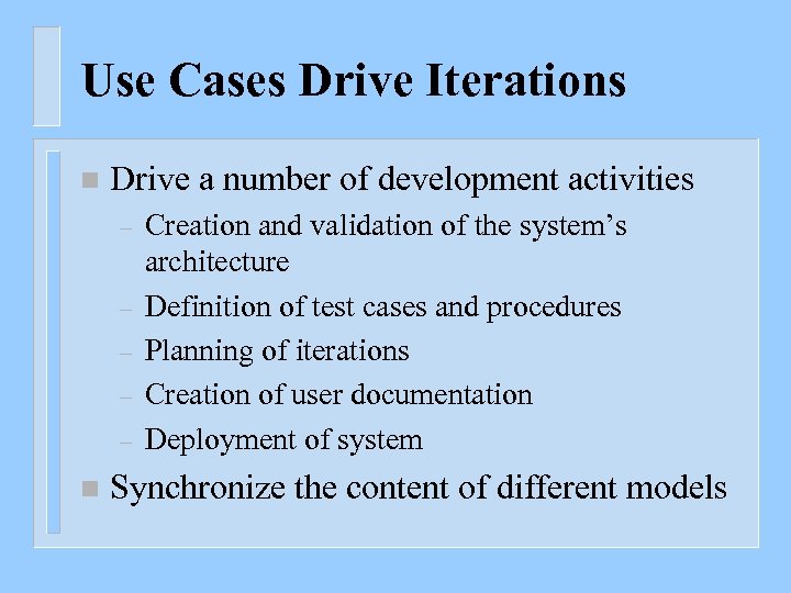 Use Cases Drive Iterations n Drive a number of development activities – – –