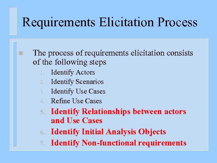 Requirements Elicitation Process n The process of requirements elicitation consists of the following steps