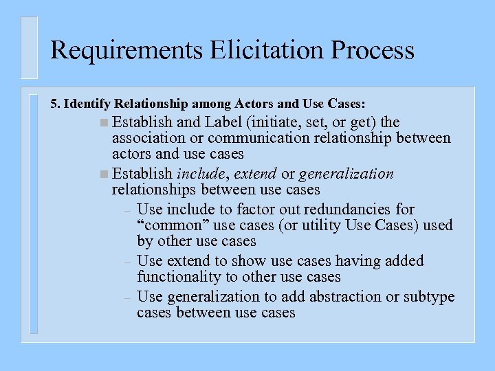 Requirements Elicitation Process 5. Identify Relationship among Actors and Use Cases: n Establish and