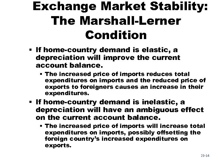 Exchange Market Stability: The Marshall-Lerner Condition § If home-country demand is elastic, a depreciation