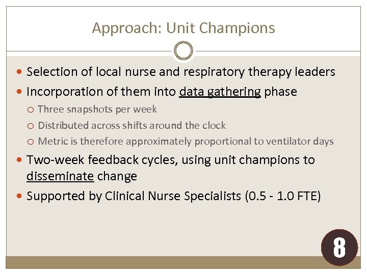 Approach: Unit Champions Selection of local nurse and respiratory therapy leaders Incorporation of them