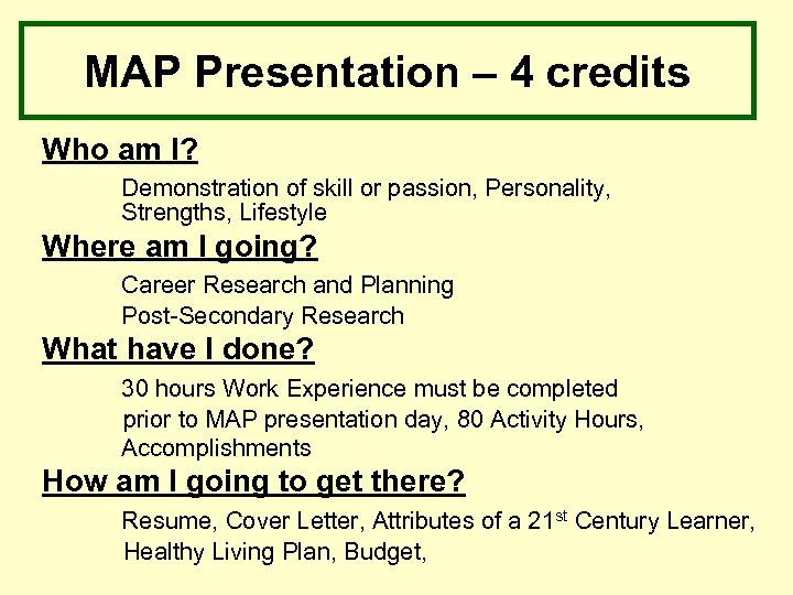 MAP Presentation – 4 credits Who am I? Demonstration of skill or passion, Personality,