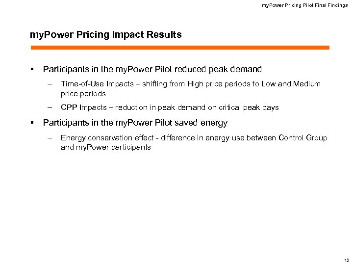 my. Power Pricing Pilot Final Findings my. Power Pricing Impact Results § Participants in
