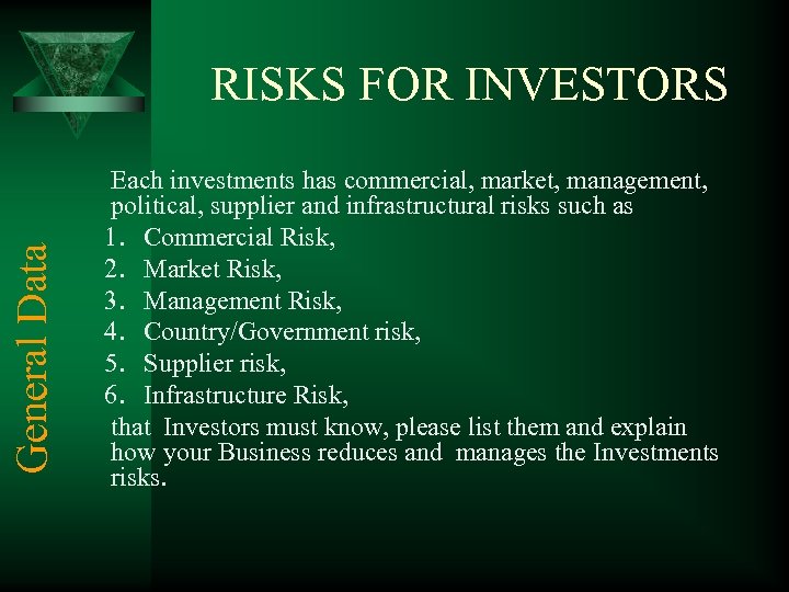 General Data RISKS FOR INVESTORS Each investments has commercial, market, management, political, supplier and