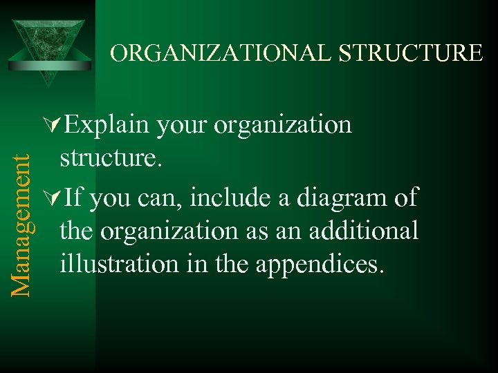 ORGANIZATIONAL STRUCTURE Management ÚExplain your organization structure. ÚIf you can, include a diagram of