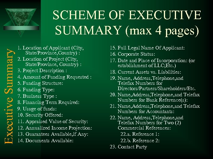 Executive Summary SCHEME OF EXECUTIVE SUMMARY (max 4 pages) 1. Location of Applicant (City,