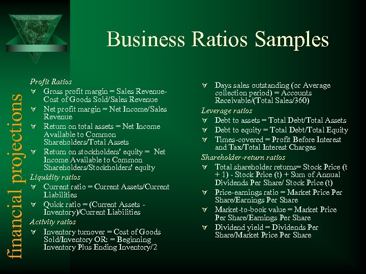 financial projections Business Ratios Samples Profit Ratios Ú Gross profit margin = Sales Revenue.