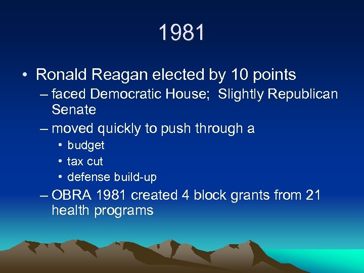 1981 • Ronald Reagan elected by 10 points – faced Democratic House; Slightly Republican
