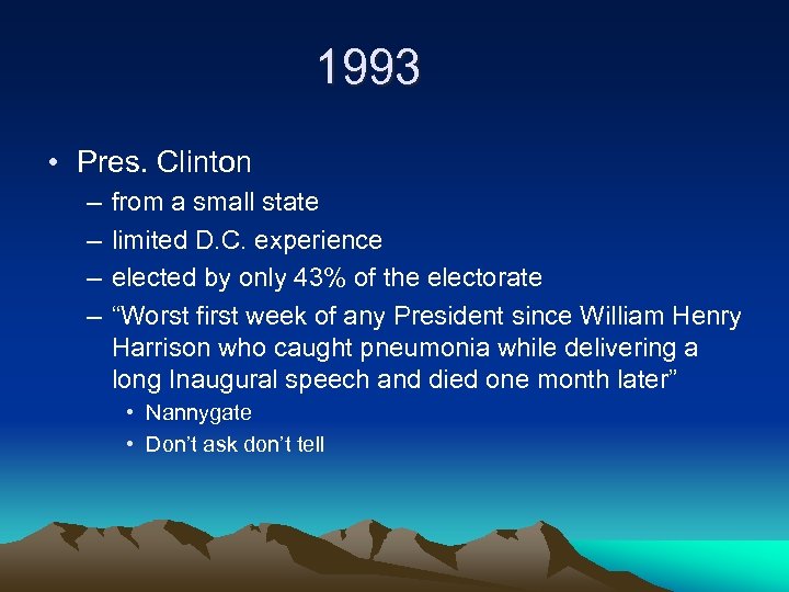 1993 • Pres. Clinton – – from a small state limited D. C. experience