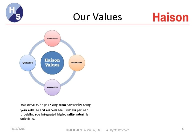 Our Values We strive to be your long-term partner by being your reliable and