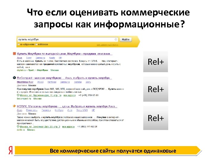 Что если оценивать коммерческие запросы как информационные? Rel+ Все коммерческие сайты получатся одинаковые 