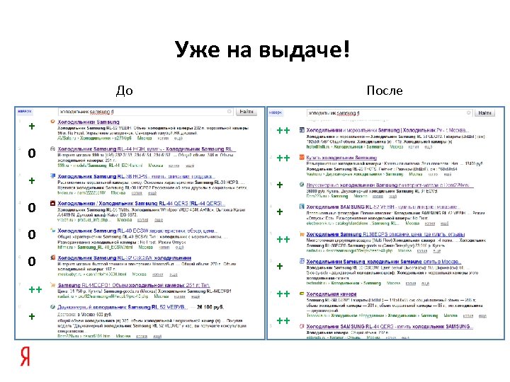 Уже на выдаче! До После + ++ 0 ++ + + 0 ++ 0