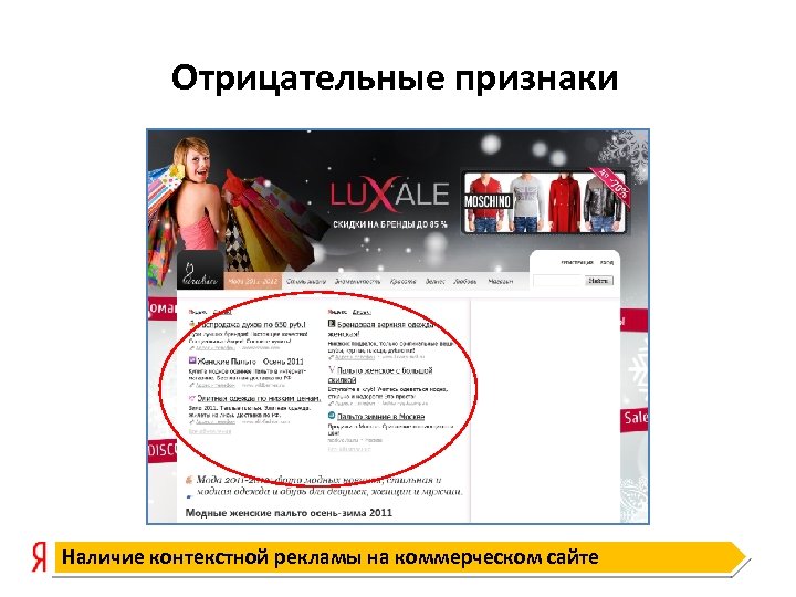 Отрицательные признаки Наличие контекстной рекламы на коммерческом сайте 