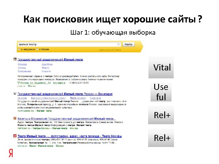 Как поисковик ищет хорошие сайты ? Шаг 1: обучающая выборка Vital Use ful Rel+