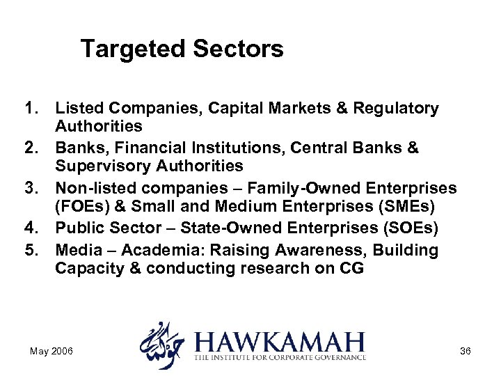 Targeted Sectors 1. Listed Companies, Capital Markets & Regulatory Authorities 2. Banks, Financial Institutions,