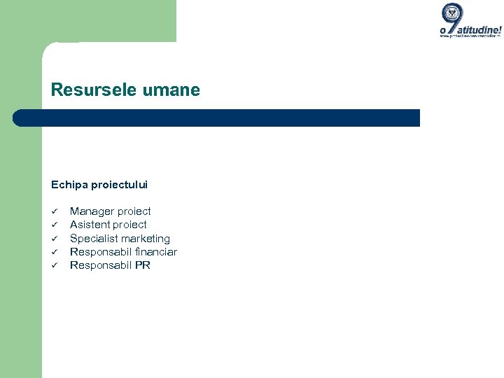 Resursele umane Echipa proiectului Manager proiect Asistent proiect Specialist marketing Responsabil financiar Responsabil PR