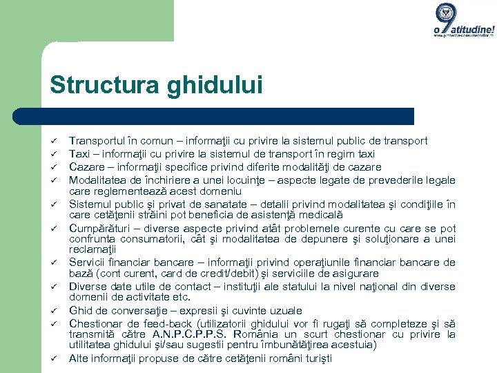 Structura ghidului Transportul în comun – informaţii cu privire la sistemul public de transport