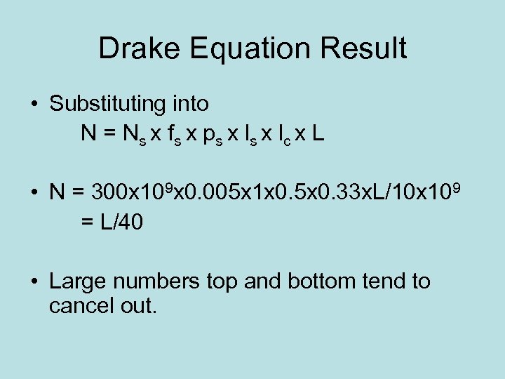 Drake Equation Result • Substituting into N = N s x f s x