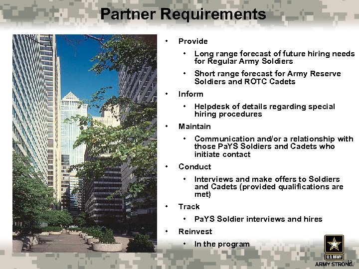 Partner Requirements • Provide • • • Long range forecast of future hiring needs