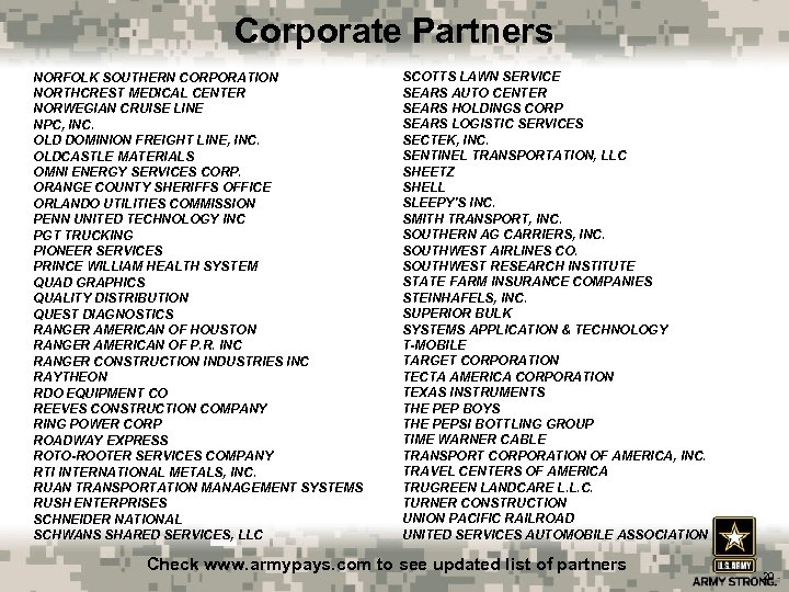 Corporate Partners NORFOLK SOUTHERN CORPORATION NORTHCREST MEDICAL CENTER NORWEGIAN CRUISE LINE NPC, INC. OLD