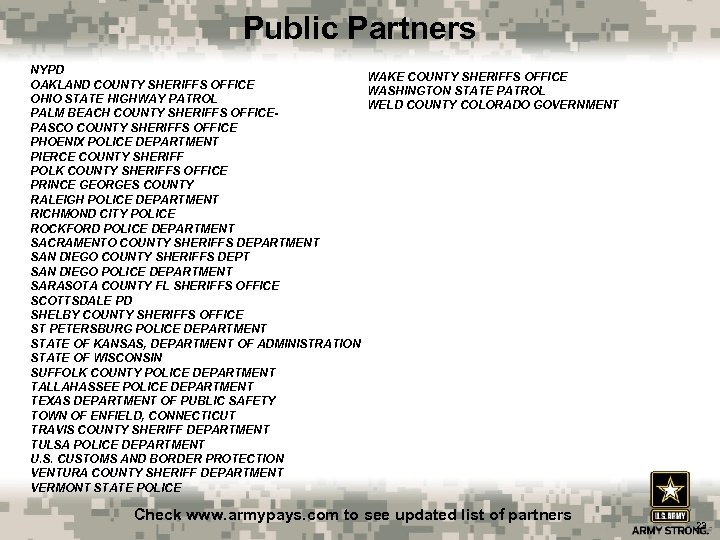 Public Partners NYPD WAKE COUNTY SHERIFFS OFFICE OAKLAND COUNTY SHERIFFS OFFICE WASHINGTON STATE PATROL