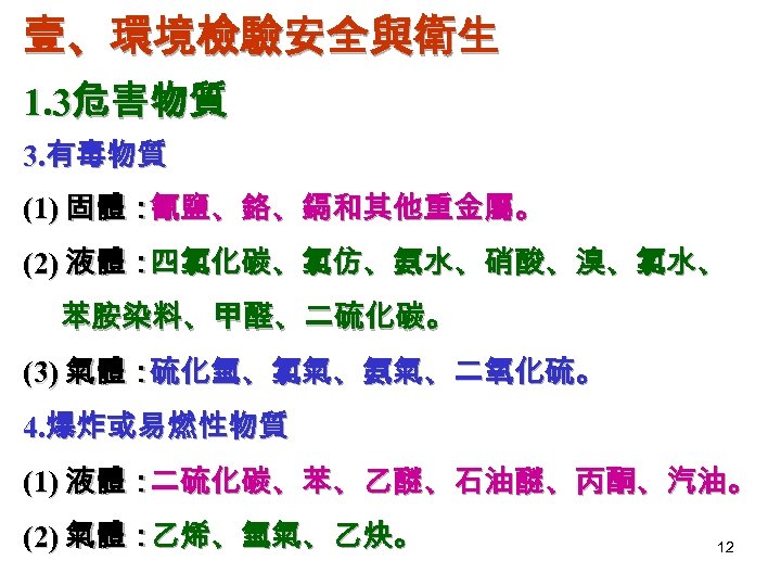 壹、環境檢驗安全與衛生 1. 3危害物質 3. 有毒物質 (1) 固體： 氰鹽、鉻、鎘和其他重金屬。 (2) 液體： 四氯化碳、氯仿、氨水、硝酸、溴、氯水、 苯胺染料、甲醛、二硫化碳。 (3) 氣體：