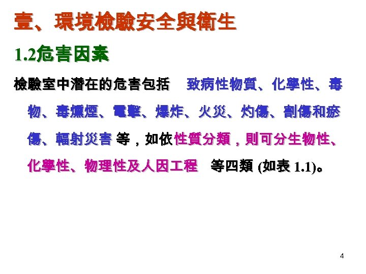 壹、環境檢驗安全與衛生 1. 2危害因素 檢驗室中潛在的危害包括 致病性物質、化學性、毒 物、毒燻煙、電擊、爆炸、火災、灼傷、割傷和瘀 傷、輻射災害 等，如依 性質分類，則可分生物性、 化學性、物理性及人因 程 等四類 (如表 1.