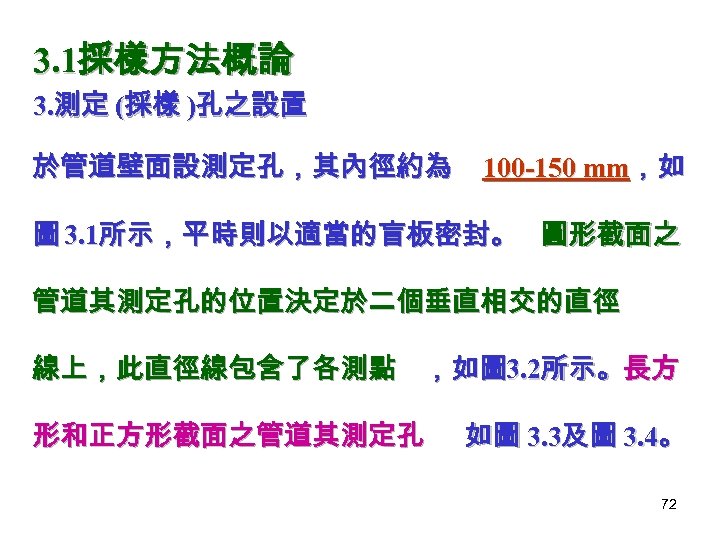 3. 1採樣方法概論 3. 測定 (採樣 )孔之設置 於管道壁面設測定孔，其內徑約為 100 -150 mm，如 圖 3. 1所示，平時則以適當的盲板密封。 圓形截面之