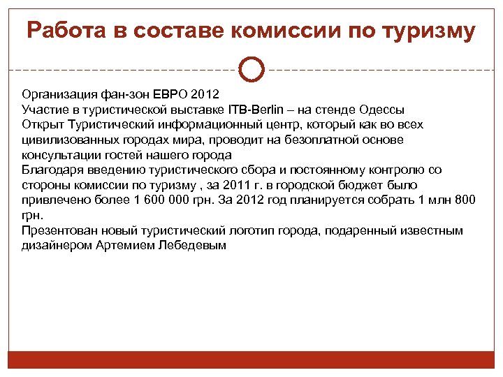 Работа в составе комиссии по туризму Организация фан-зон ЕВРО 2012 Участие в туристической выставке