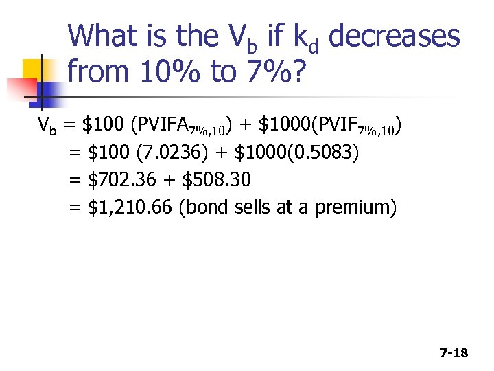 What is the Vb if kd decreases from 10% to 7%? Vb = $100