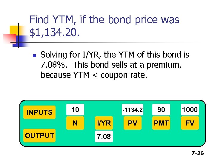 Find YTM, if the bond price was $1, 134. 20. n Solving for I/YR,