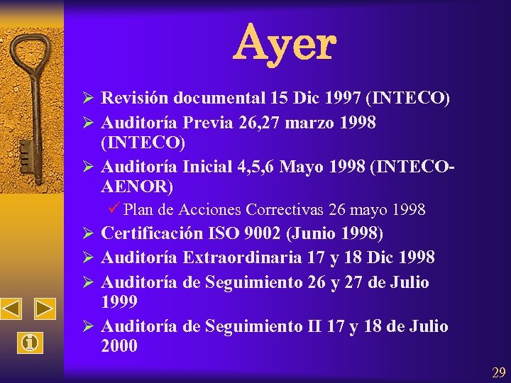 Ayer Ø Revisión documental 15 Dic 1997 (INTECO) Ø Auditoría Previa 26, 27 marzo