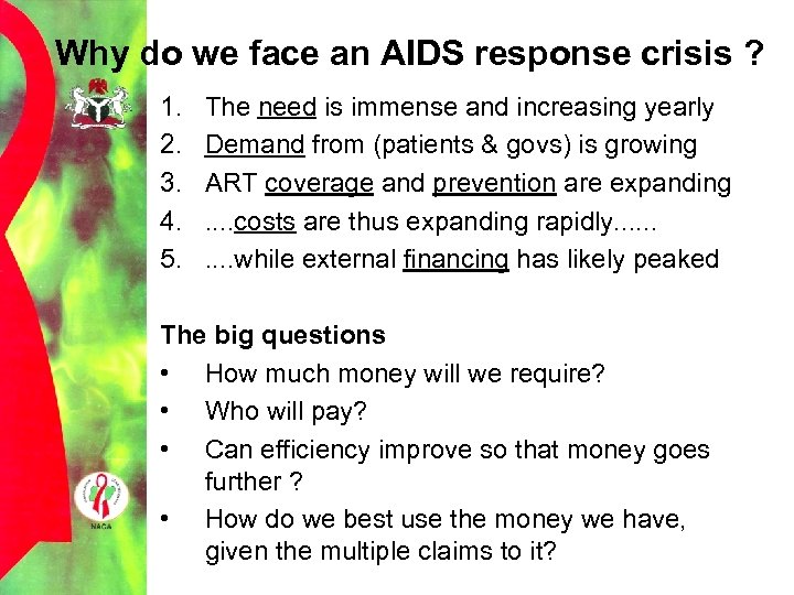 Why do we face an AIDS response crisis ? 1. 2. 3. 4. 5.