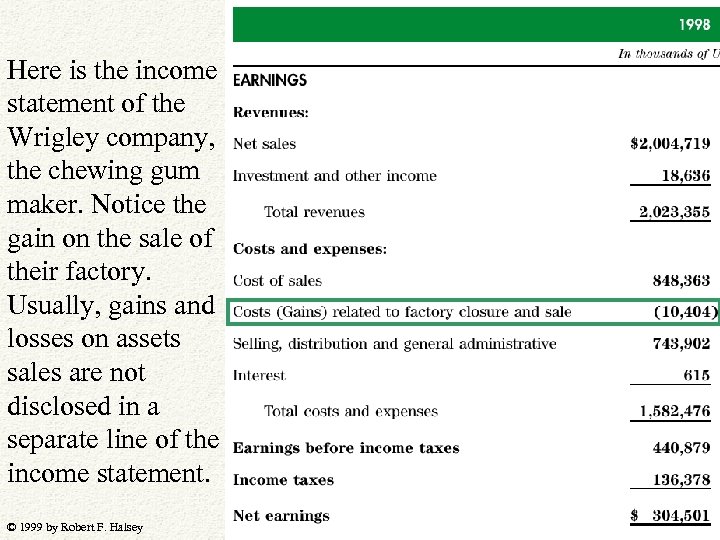 Here is the income statement of the Wrigley company, the chewing gum maker. Notice