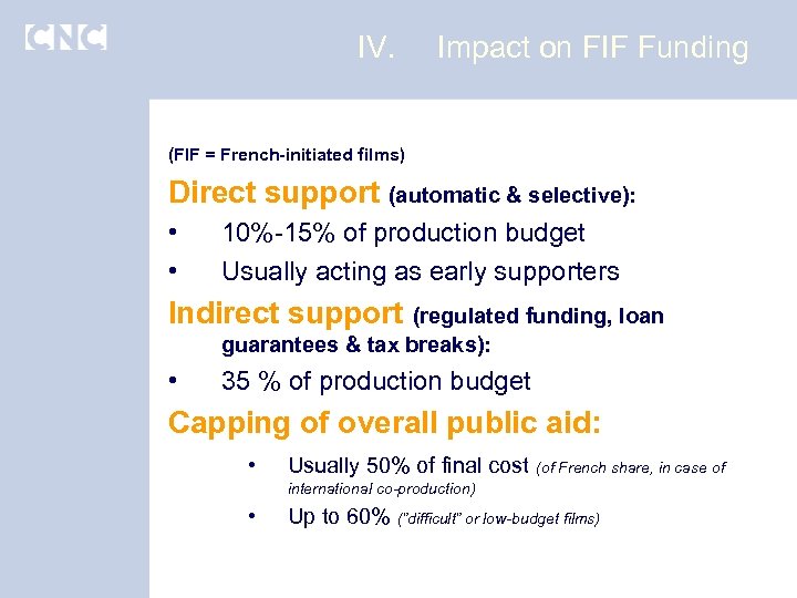 IV. Impact on FIF Funding (FIF = French-initiated films) Direct support (automatic & selective):