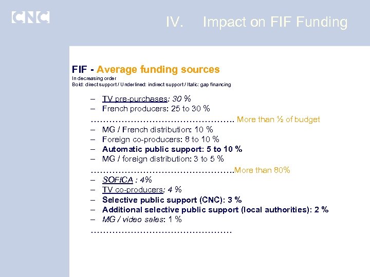 IV. Impact on FIF Funding FIF - Average funding sources In decreasing order Bold: