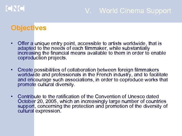 V. World Cinema Support Objectives • Offer a unique entry point, accessible to artists