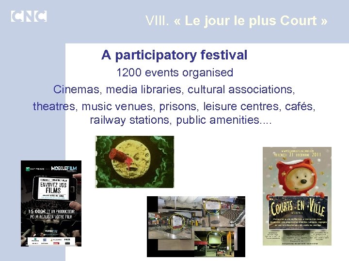 VIII. « Le jour le plus Court » A participatory festival 1200 events organised