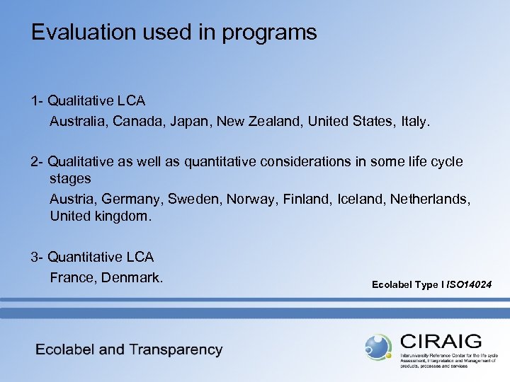 Evaluation used in programs 1 - Qualitative LCA Australia, Canada, Japan, New Zealand, United