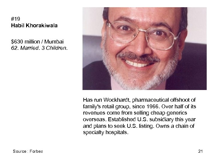 #19 Habil Khorakiwala $630 million / Mumbai 62. Married. 3 Children. Has run Wockhardt,