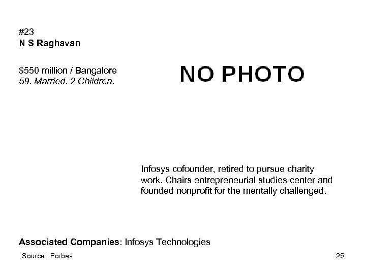 #23 N S Raghavan $550 million / Bangalore 59. Married. 2 Children. Infosys cofounder,