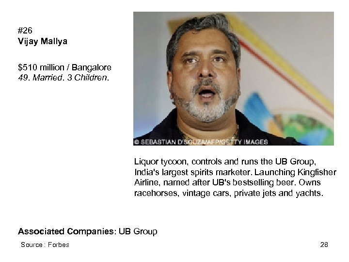 #26 Vijay Mallya $510 million / Bangalore 49. Married. 3 Children. Liquor tycoon, controls