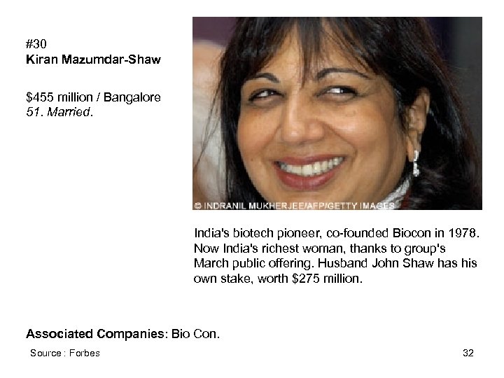 #30 Kiran Mazumdar-Shaw $455 million / Bangalore 51. Married. India's biotech pioneer, co-founded Biocon