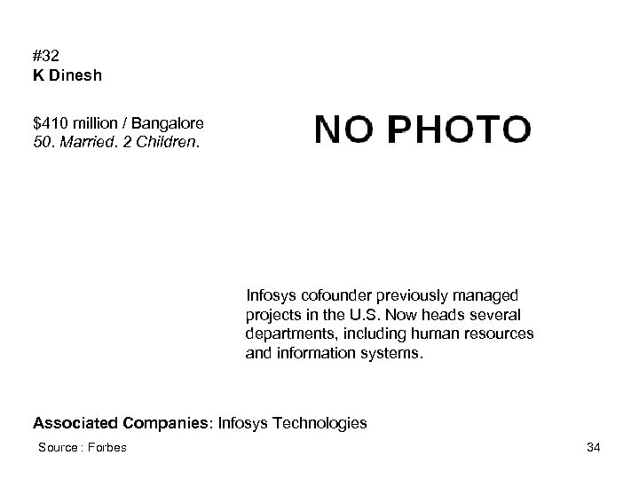 #32 K Dinesh $410 million / Bangalore 50. Married. 2 Children. Infosys cofounder previously