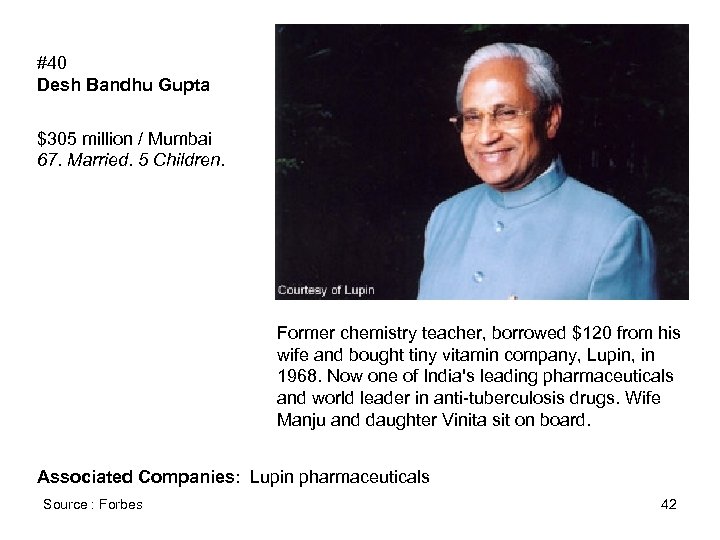 #40 Desh Bandhu Gupta $305 million / Mumbai 67. Married. 5 Children. Former chemistry