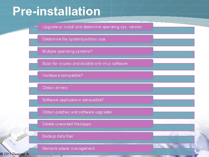 Pre-installation Upgrade or install and determine operating sys. version Determine file system/partition size Multiple