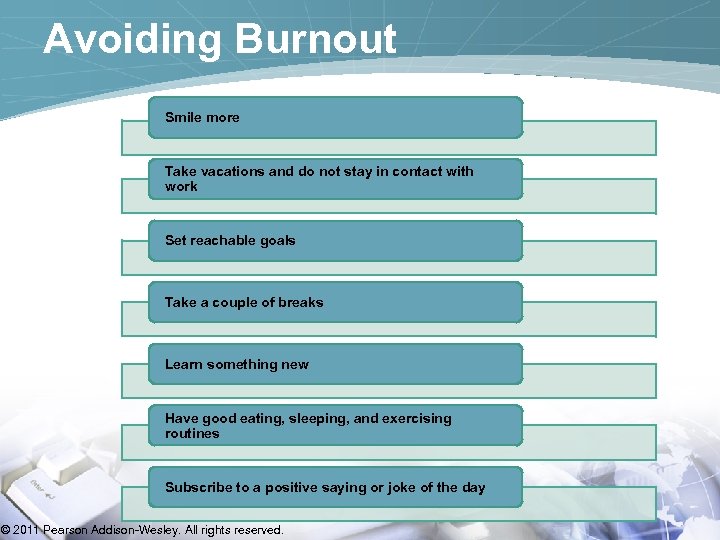 Avoiding Burnout Smile more Take vacations and do not stay in contact with work